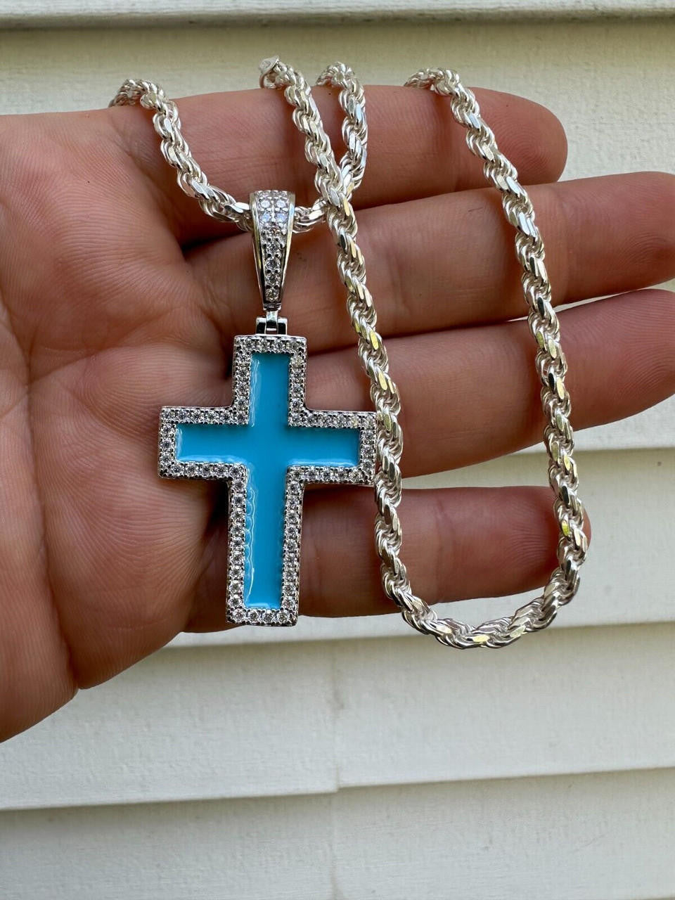 MOISSANITE Cross Light Blue Enamel Pendant - 925 Silver - 3 Sizes - 1.25"-2.75"