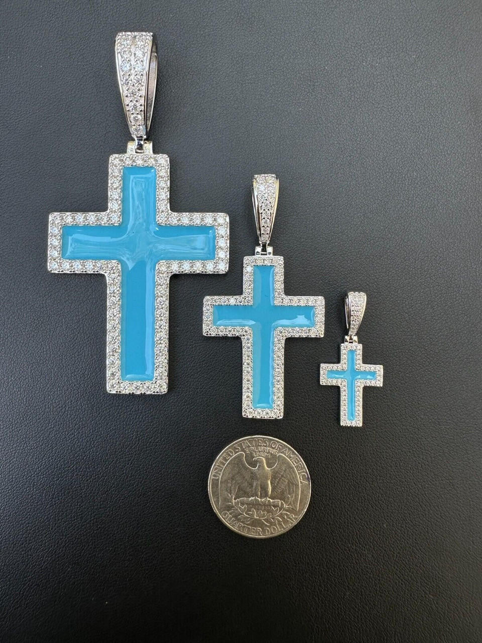 MOISSANITE Cross Light Blue Enamel Pendant - 925 Silver - 3 Sizes - 1.25"-2.75"