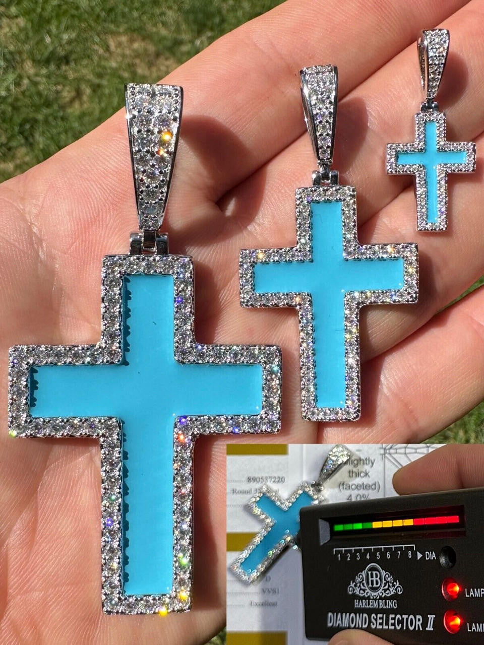 MOISSANITE Cross Light Blue Enamel Pendant - 925 Silver - 3 Sizes - 1.25"-2.75"