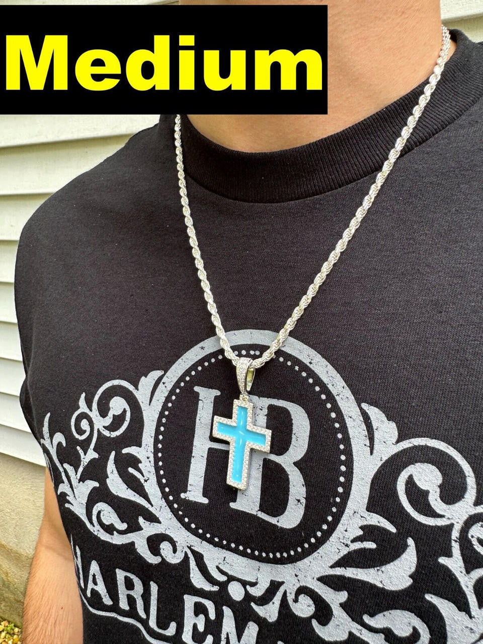 MOISSANITE Cross Light Blue Enamel Pendant - 925 Silver - 3 Sizes - 1.25"-2.75"