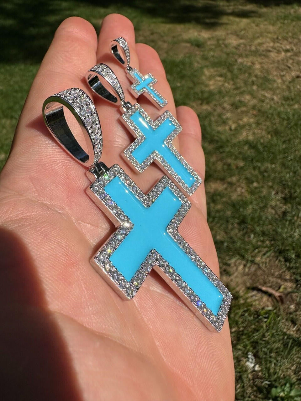 MOISSANITE Cross Light Blue Enamel Pendant - 925 Silver - 3 Sizes - 1.25"-2.75"