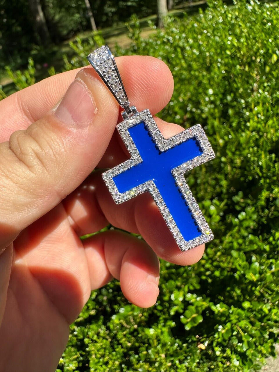 MOISSANITE Cross Navy Blue Enamel Pendant - 925 Silver - 3 Sizes - 1.25"-2.75"