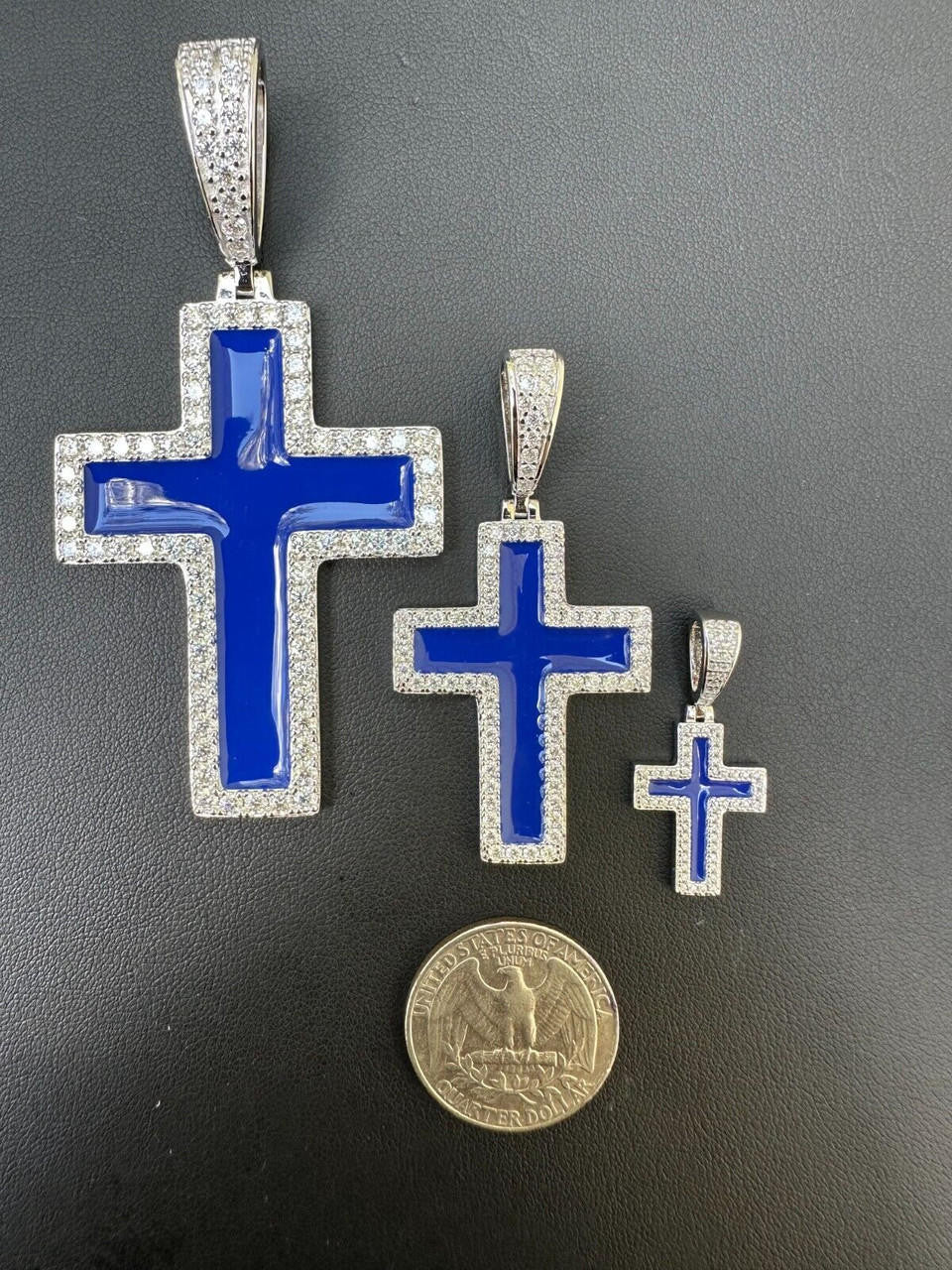 MOISSANITE Cross Navy Blue Enamel Pendant - 925 Silver - 3 Sizes - 1.25"-2.75"