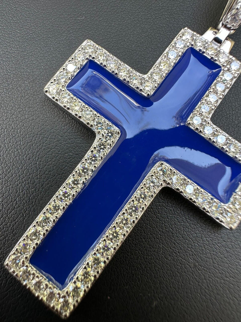 MOISSANITE Cross Navy Blue Enamel Pendant - 925 Silver - 3 Sizes - 1.25"-2.75"
