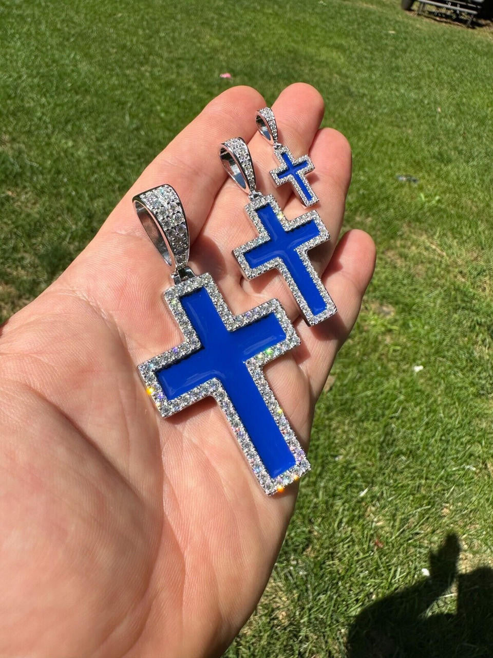 MOISSANITE Cross Navy Blue Enamel Pendant - 925 Silver - 3 Sizes - 1.25"-2.75"