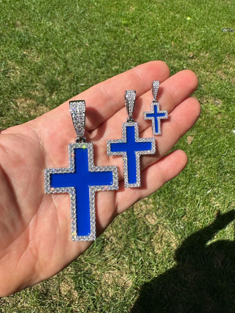MOISSANITE Cross Navy Blue Enamel Pendant - 925 Silver - 3 Sizes - 1.25"-2.75"