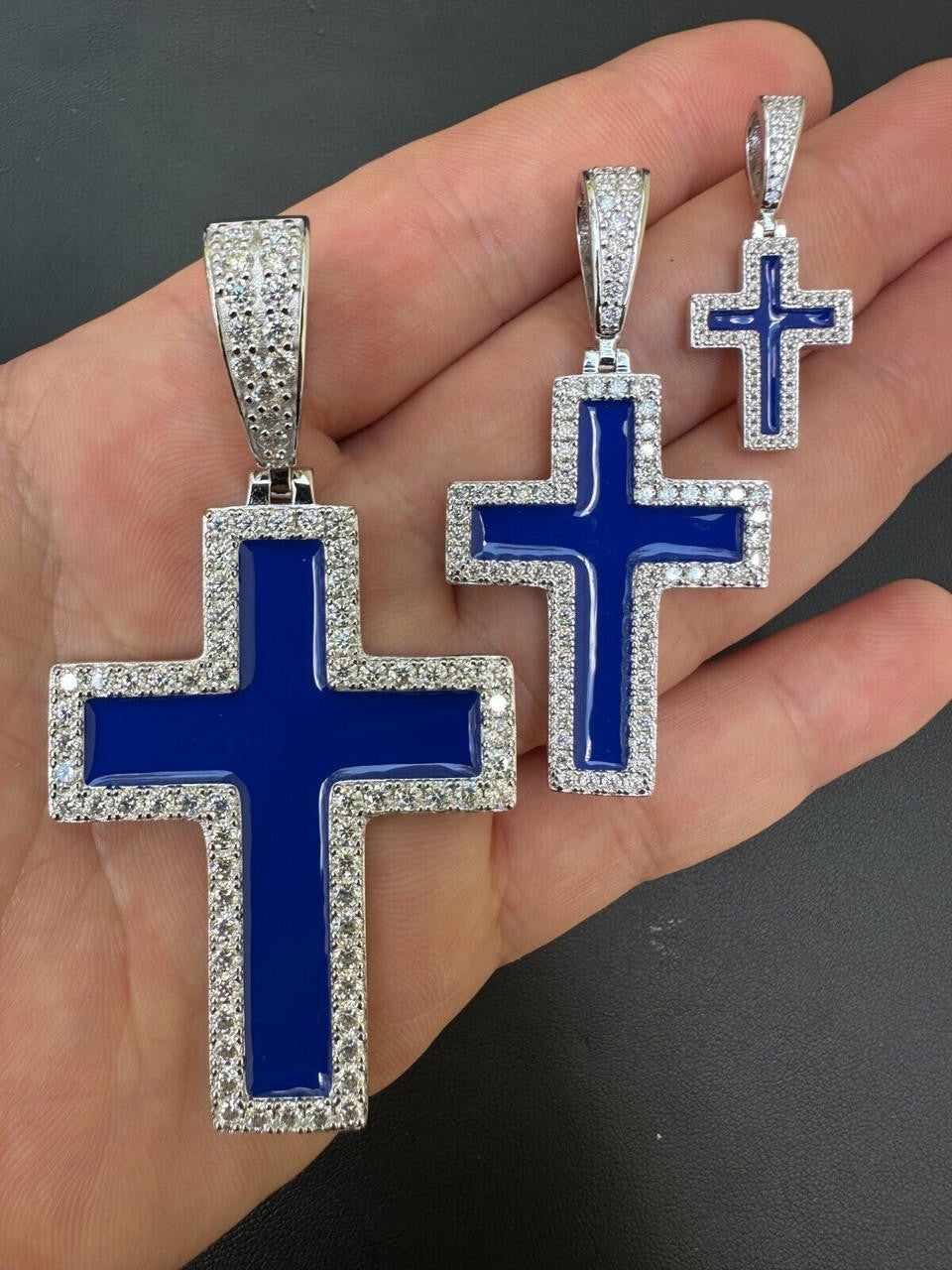 MOISSANITE Cross Navy Blue Enamel Pendant - 925 Silver - 3 Sizes - 1.25"-2.75"
