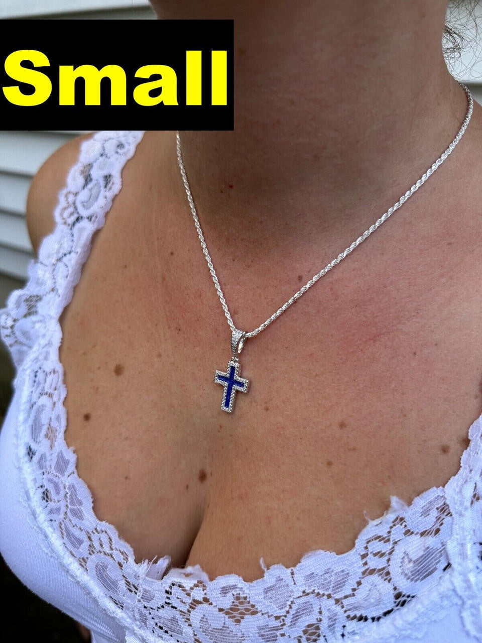 MOISSANITE Cross Navy Blue Enamel Pendant - 925 Silver - 3 Sizes - 1.25"-2.75"