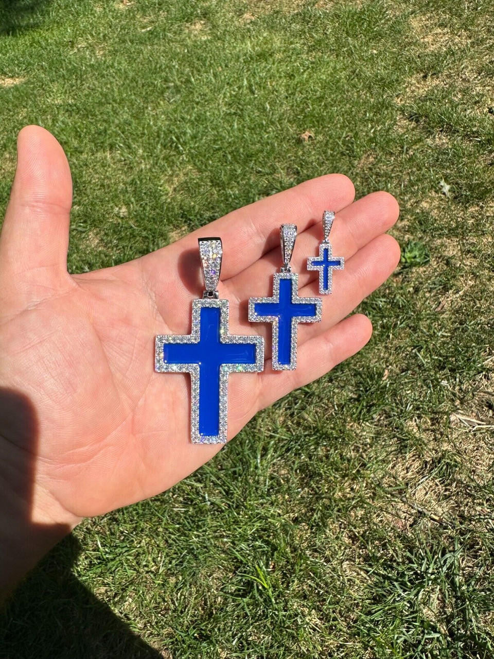 MOISSANITE Cross Navy Blue Enamel Pendant - 925 Silver - 3 Sizes - 1.25"-2.75"