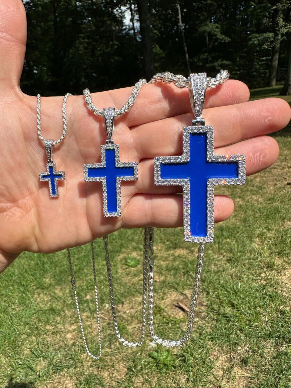 MOISSANITE Cross Navy Blue Enamel Pendant - 925 Silver - 3 Sizes - 1.25"-2.75"