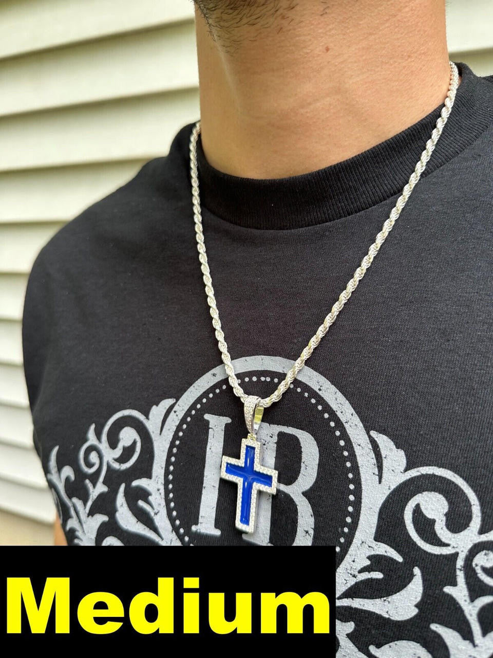 MOISSANITE Cross Navy Blue Enamel Pendant - 925 Silver - 3 Sizes - 1.25"-2.75"