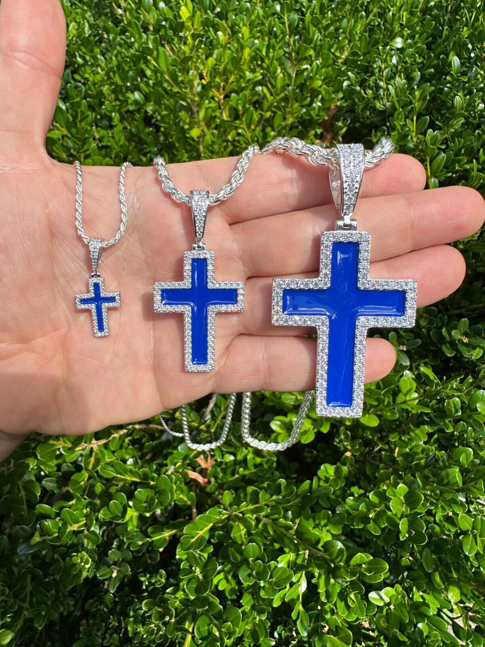 MOISSANITE Cross Navy Blue Enamel Pendant - 925 Silver - 3 Sizes - 1.25"-2.75"