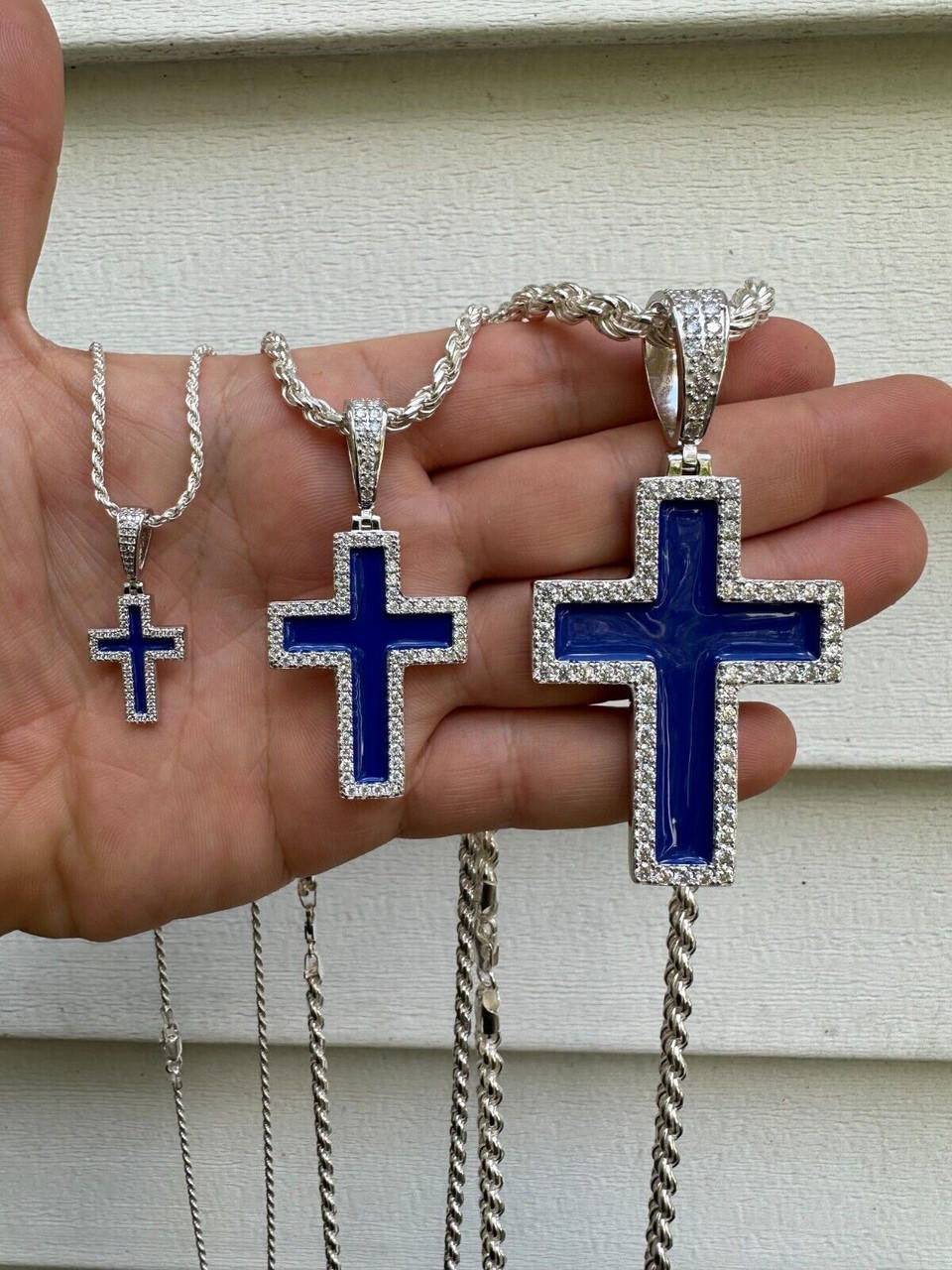 MOISSANITE Cross Navy Blue Enamel Pendant - 925 Silver - 3 Sizes - 1.25"-2.75"