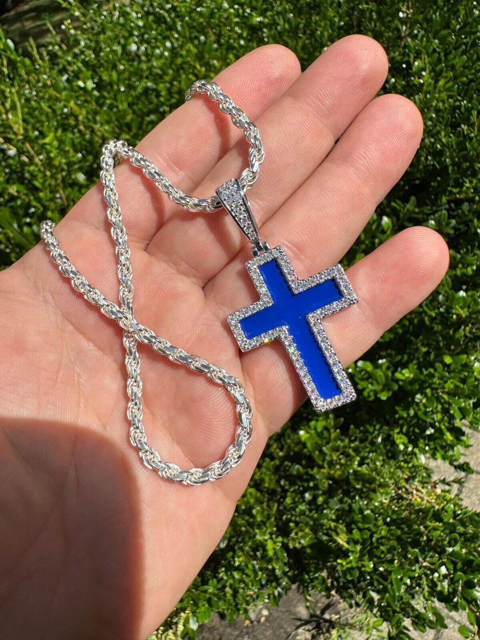 MOISSANITE Cross Navy Blue Enamel Pendant - 925 Silver - 3 Sizes - 1.25"-2.75"