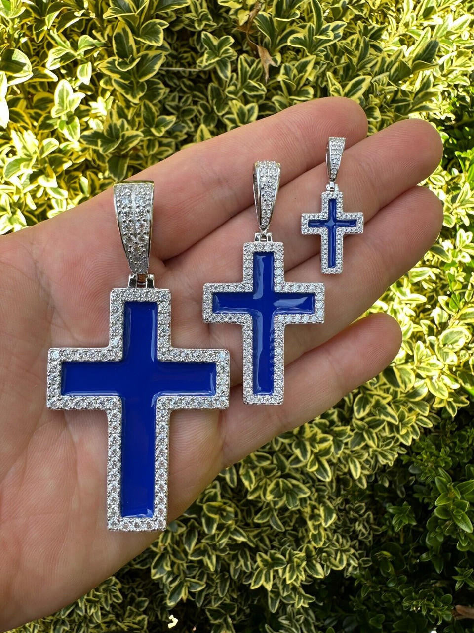 MOISSANITE Cross Navy Blue Enamel Pendant - 925 Silver - 3 Sizes - 1.25"-2.75"