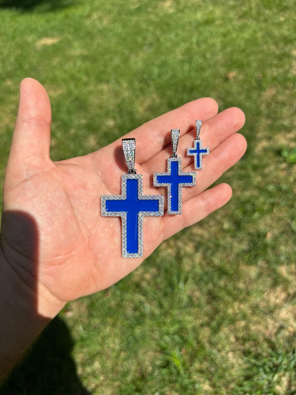 MOISSANITE Cross Navy Blue Enamel Pendant - 925 Silver - 3 Sizes - 1.25"-2.75"