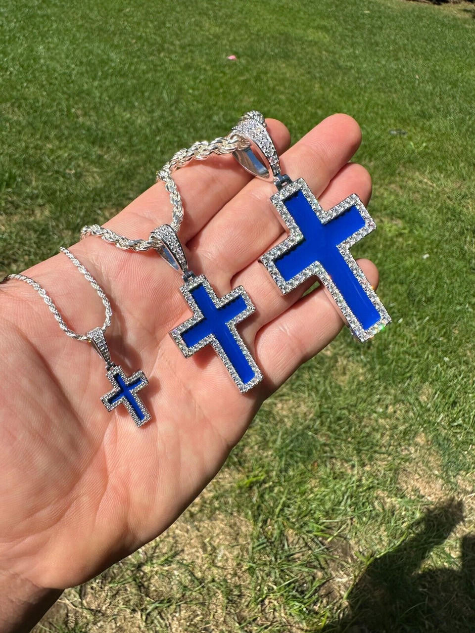 MOISSANITE Cross Navy Blue Enamel Pendant - 925 Silver - 3 Sizes - 1.25"-2.75"