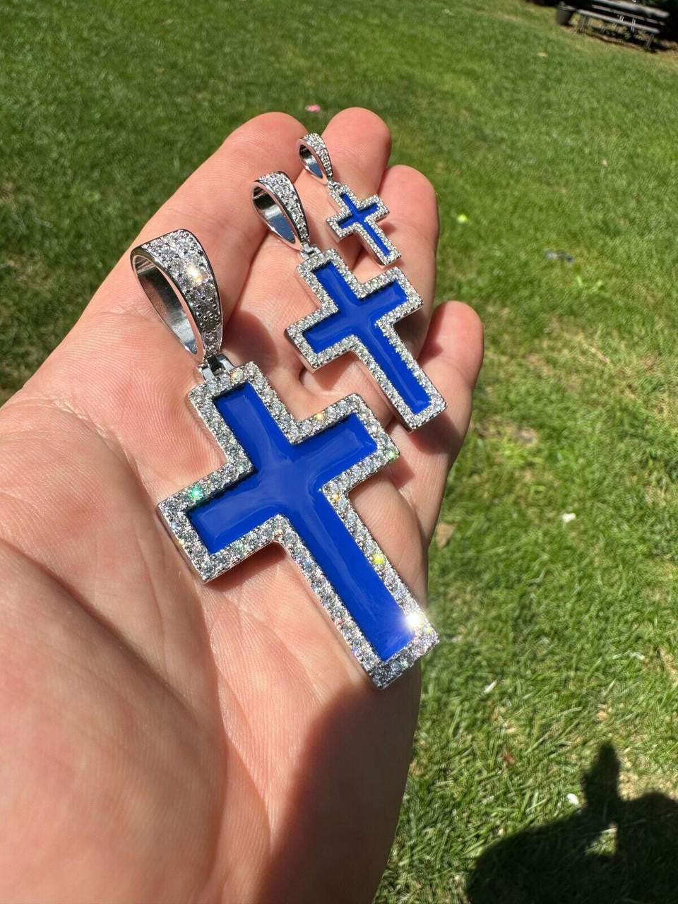 MOISSANITE Cross Navy Blue Enamel Pendant - 925 Silver - 3 Sizes - 1.25"-2.75"