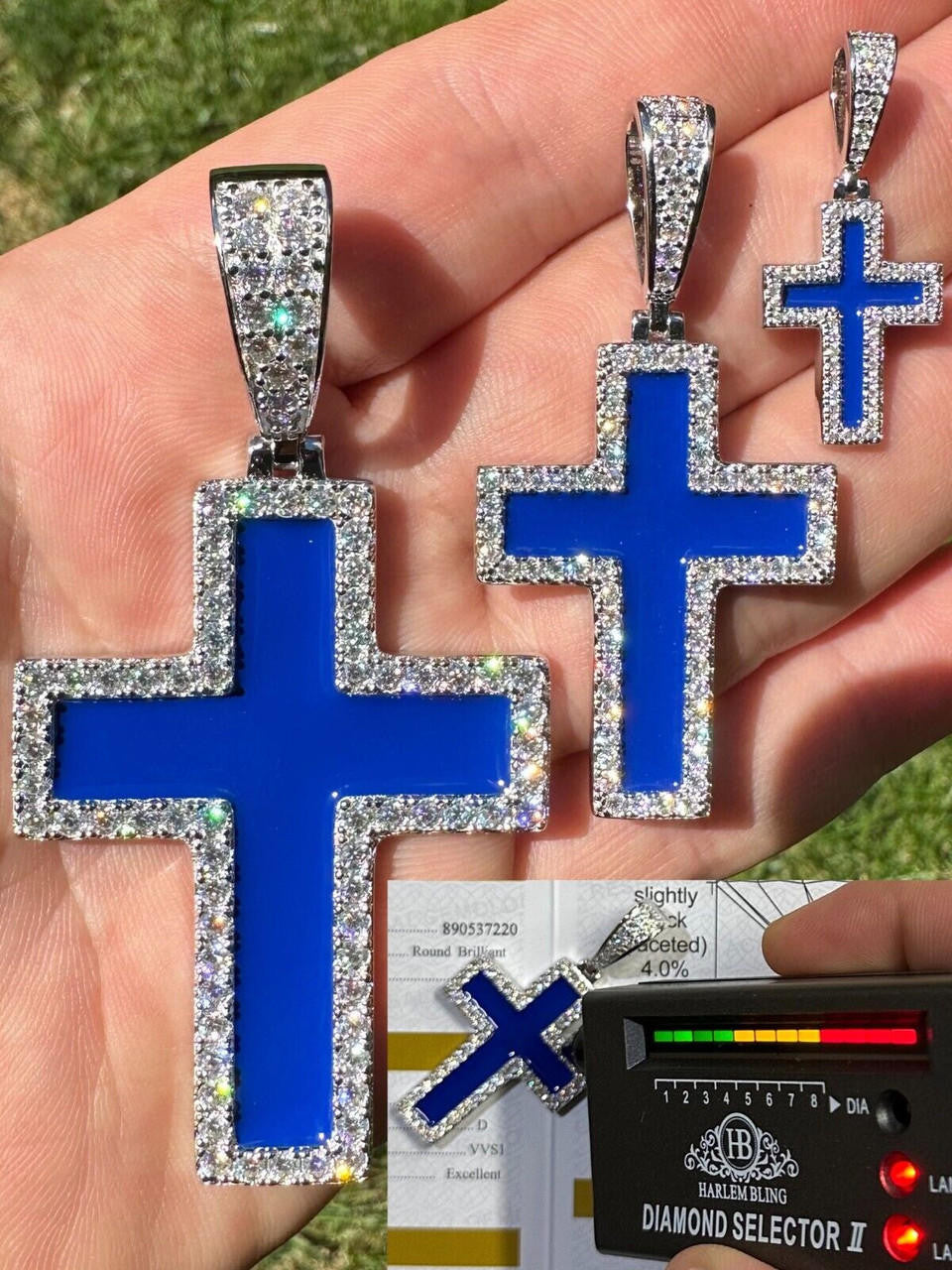 MOISSANITE Cross Navy Blue Enamel Pendant - 925 Silver - 3 Sizes - 1.25"-2.75"