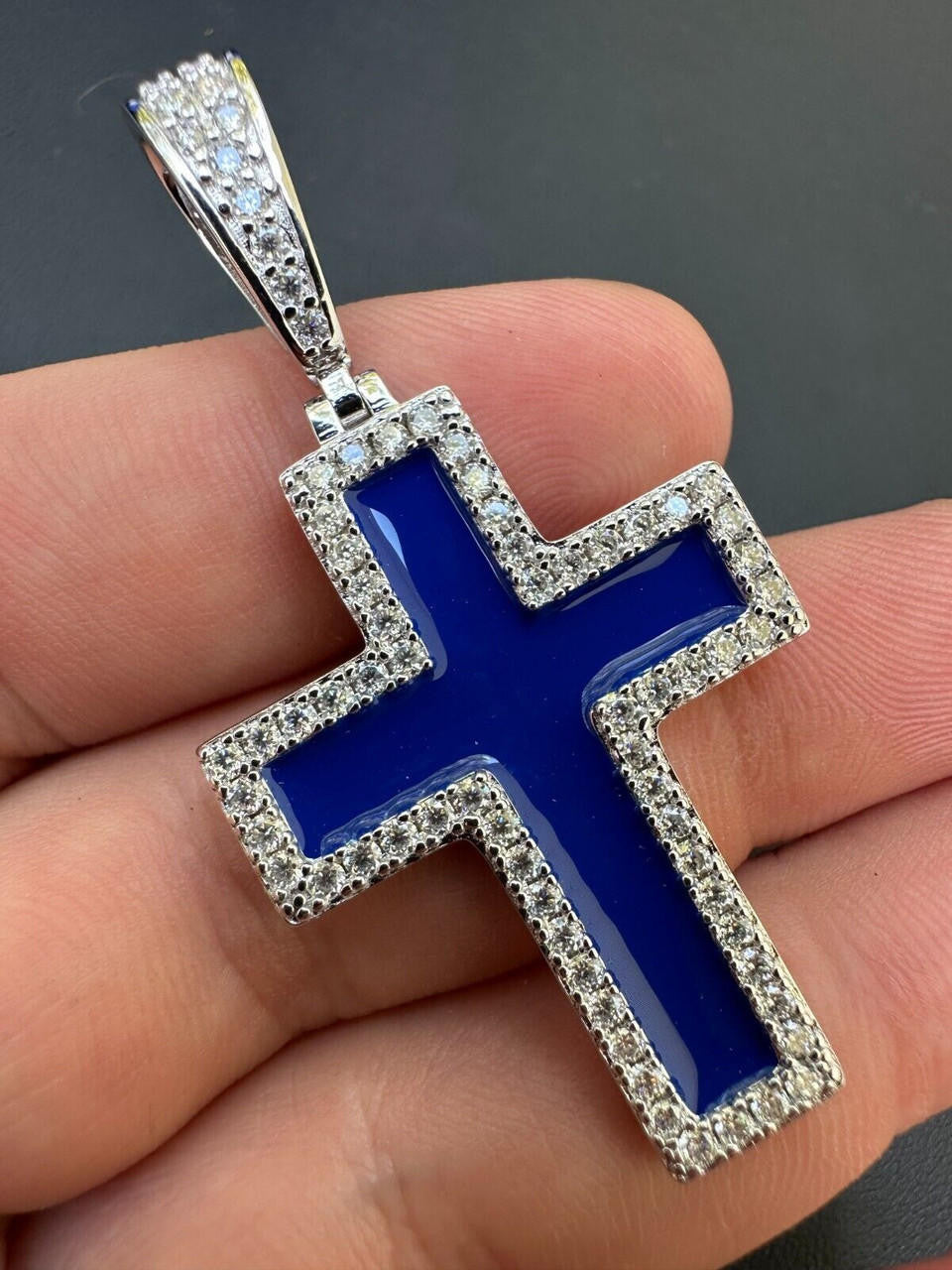 MOISSANITE Cross Navy Blue Enamel Pendant - 925 Silver - 3 Sizes - 1.25"-2.75"
