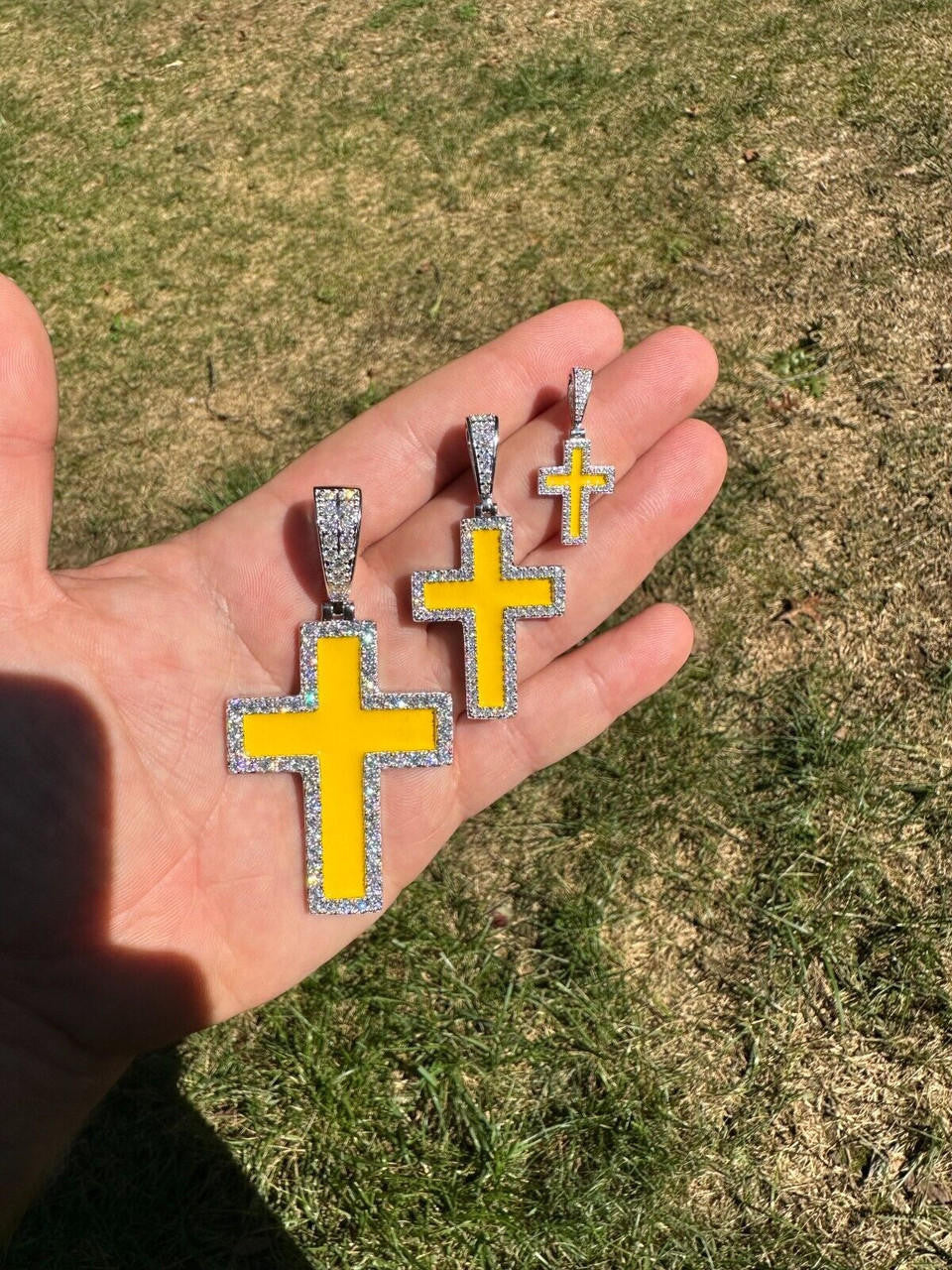 MOISSANITE Cross Yellow Enamel Pendant - 925 Silver - 3 Sizes - 1.25"-2.75"