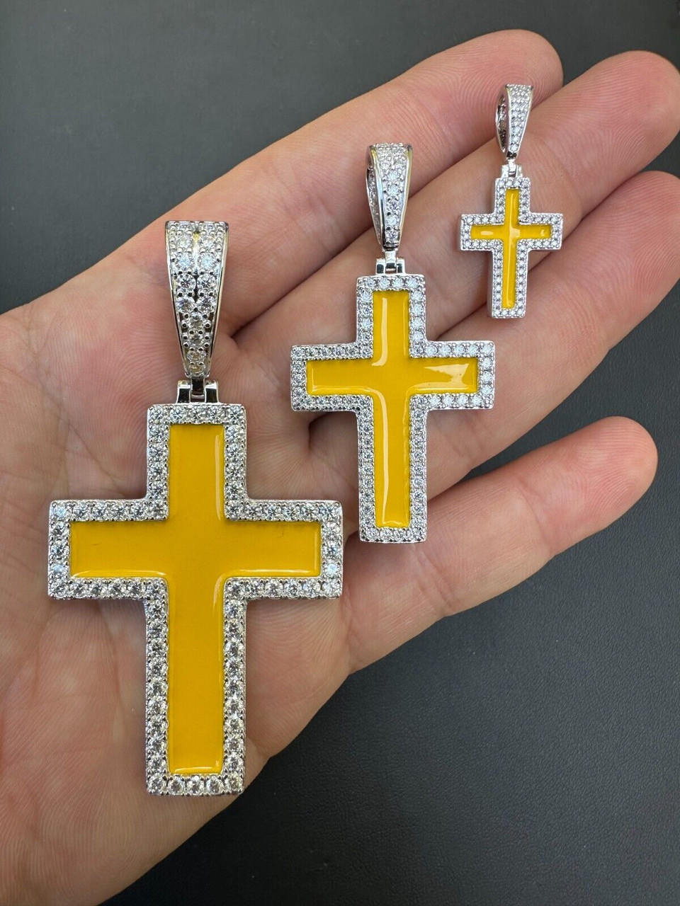 MOISSANITE Cross Yellow Enamel Pendant - 925 Silver - 3 Sizes - 1.25"-2.75"