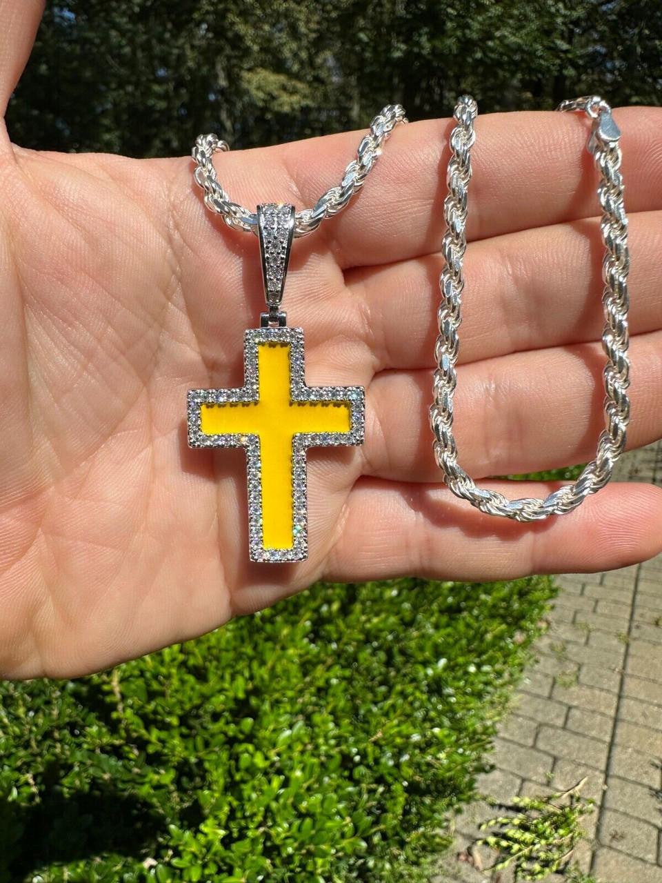 MOISSANITE Cross Yellow Enamel Pendant - 925 Silver - 3 Sizes - 1.25"-2.75"