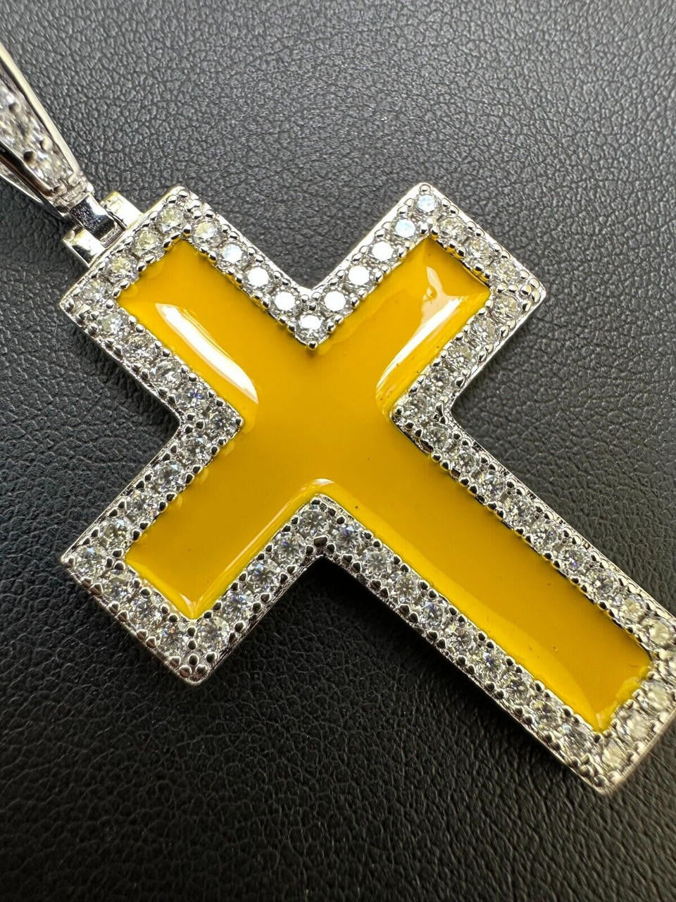 MOISSANITE Cross Yellow Enamel Pendant - 925 Silver - 3 Sizes - 1.25"-2.75"