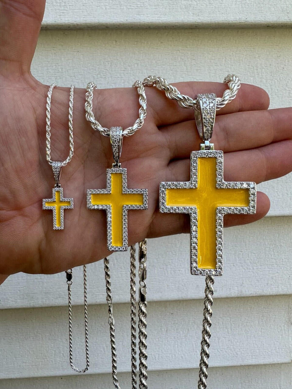 MOISSANITE Cross Yellow Enamel Pendant - 925 Silver - 3 Sizes - 1.25"-2.75"