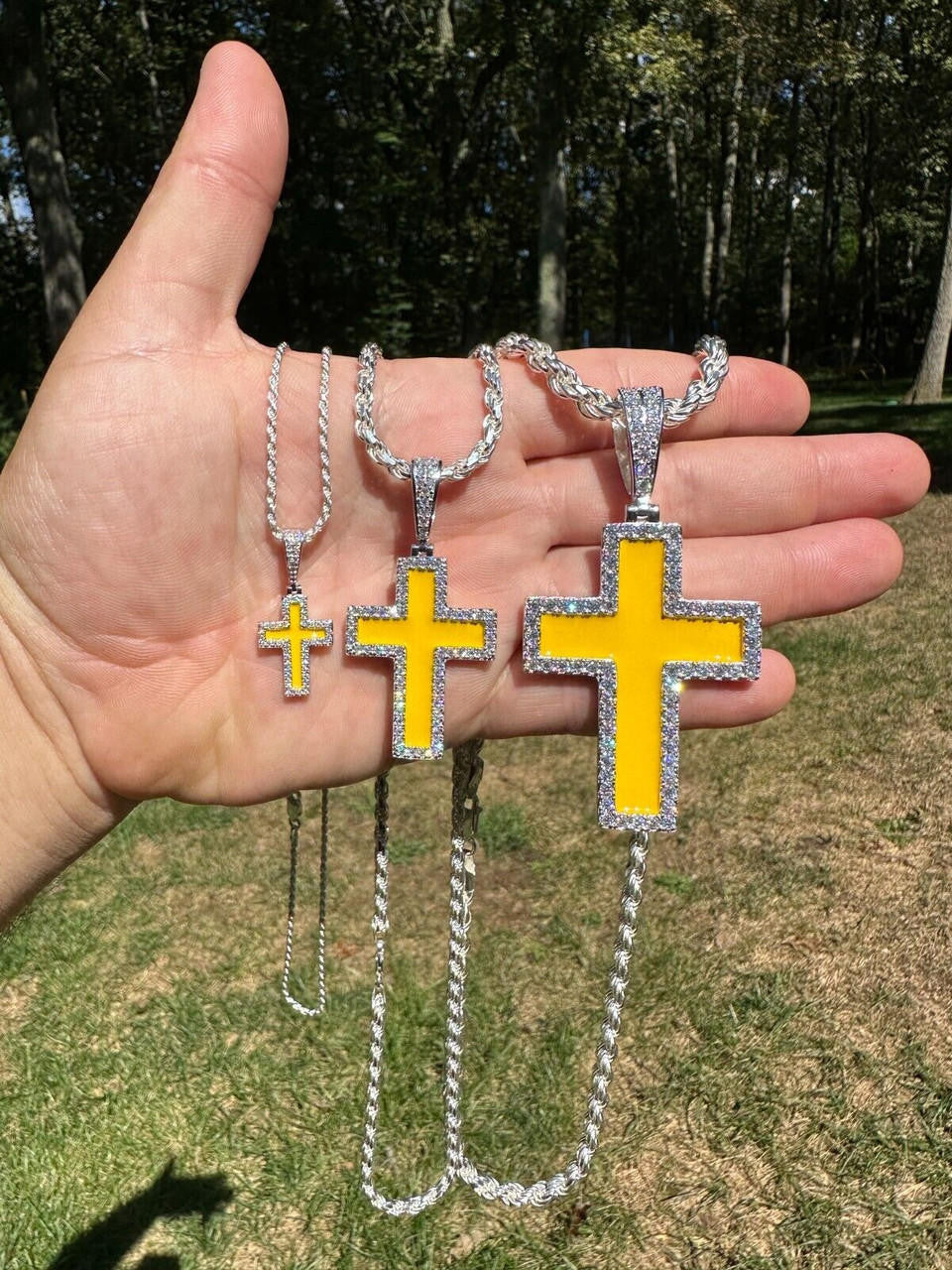 MOISSANITE Cross Yellow Enamel Pendant - 925 Silver - 3 Sizes - 1.25"-2.75"