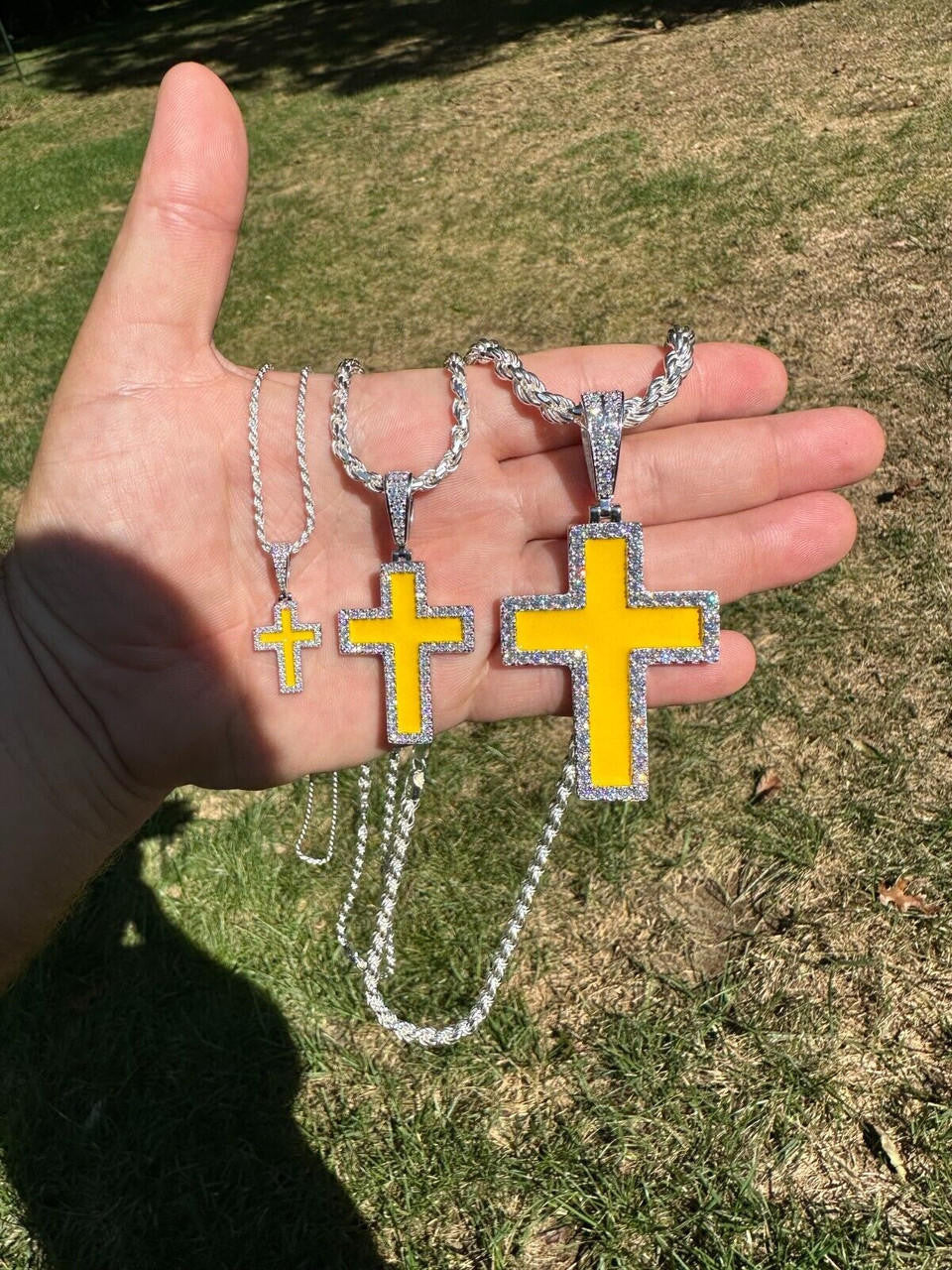 MOISSANITE Cross Yellow Enamel Pendant - 925 Silver - 3 Sizes - 1.25"-2.75"