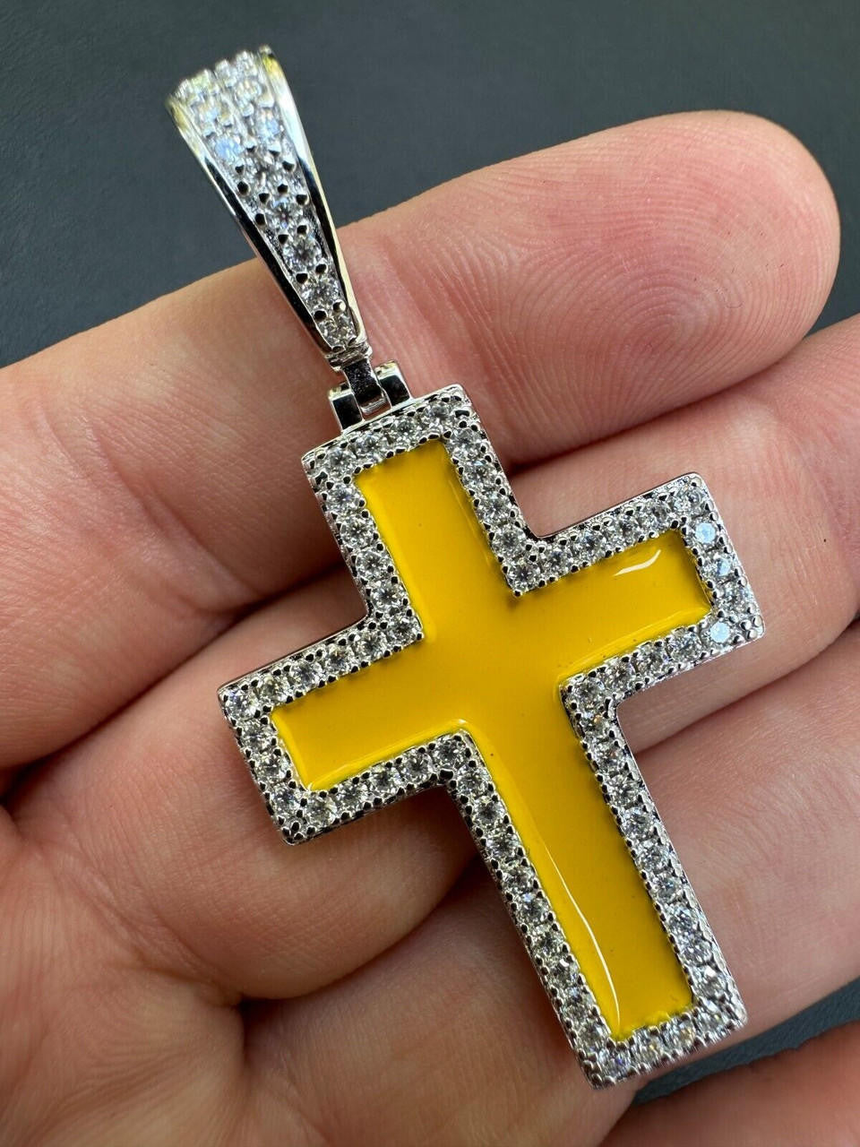 MOISSANITE Cross Yellow Enamel Pendant - 925 Silver - 3 Sizes - 1.25"-2.75"