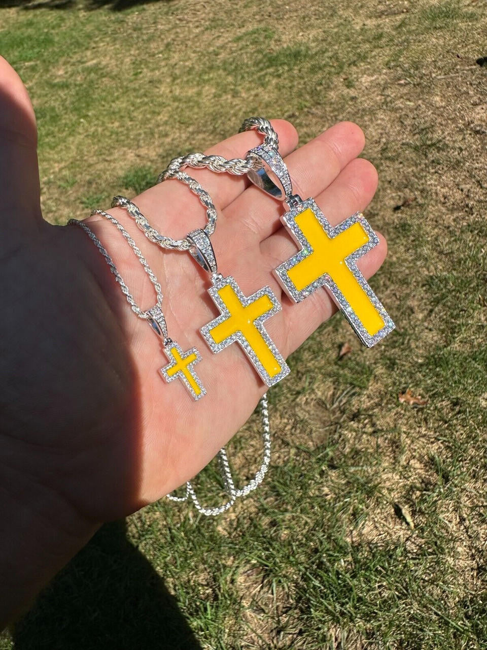 MOISSANITE Cross Yellow Enamel Pendant - 925 Silver - 3 Sizes - 1.25"-2.75"