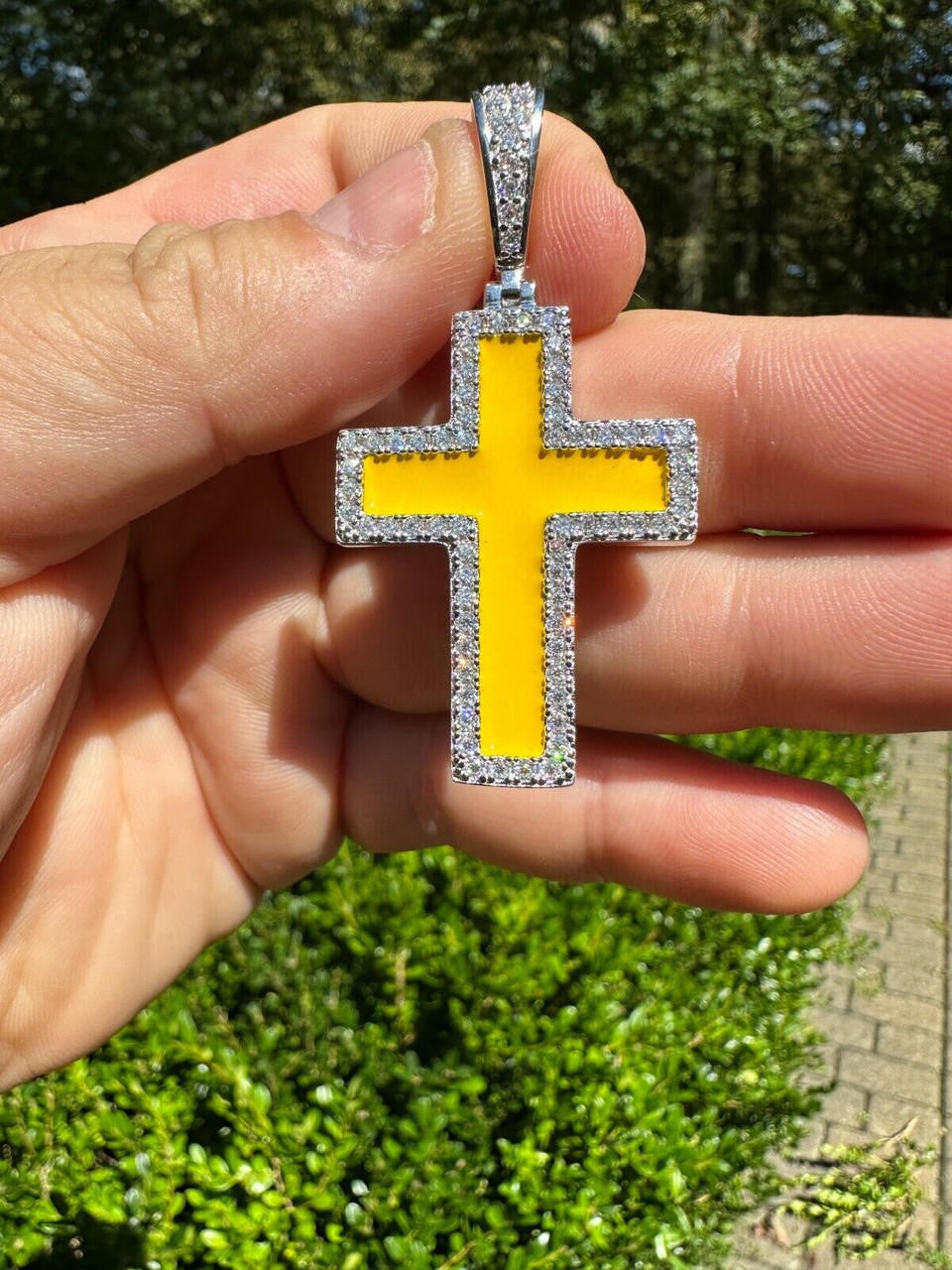 MOISSANITE Cross Yellow Enamel Pendant - 925 Silver - 3 Sizes - 1.25"-2.75"