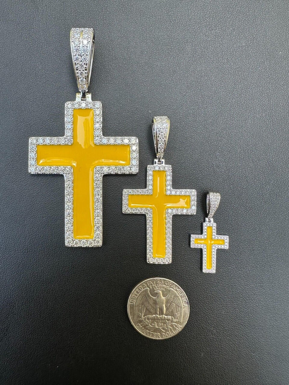MOISSANITE Cross Yellow Enamel Pendant - 925 Silver - 3 Sizes - 1.25"-2.75"