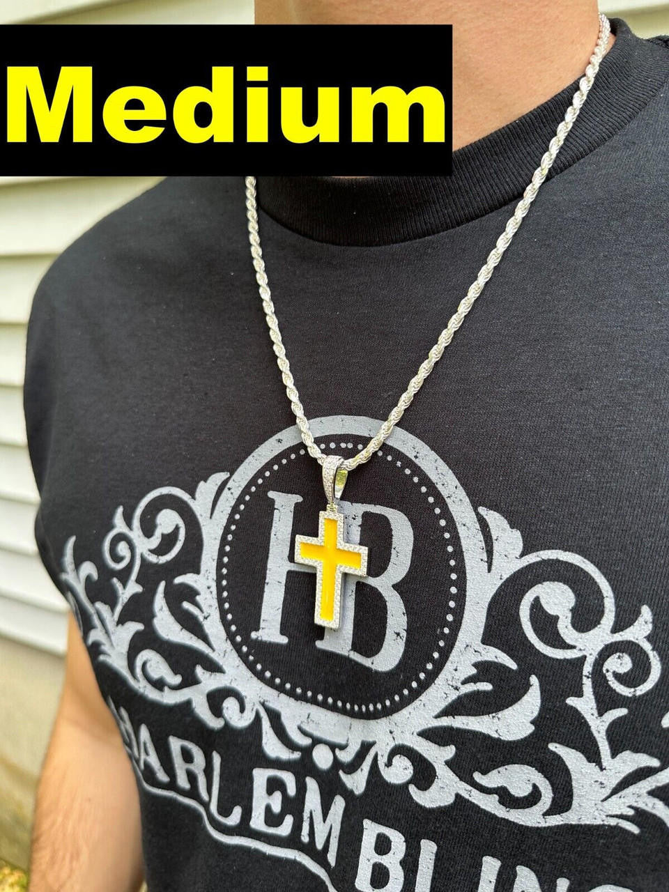 MOISSANITE Cross Yellow Enamel Pendant - 925 Silver - 3 Sizes - 1.25"-2.75"