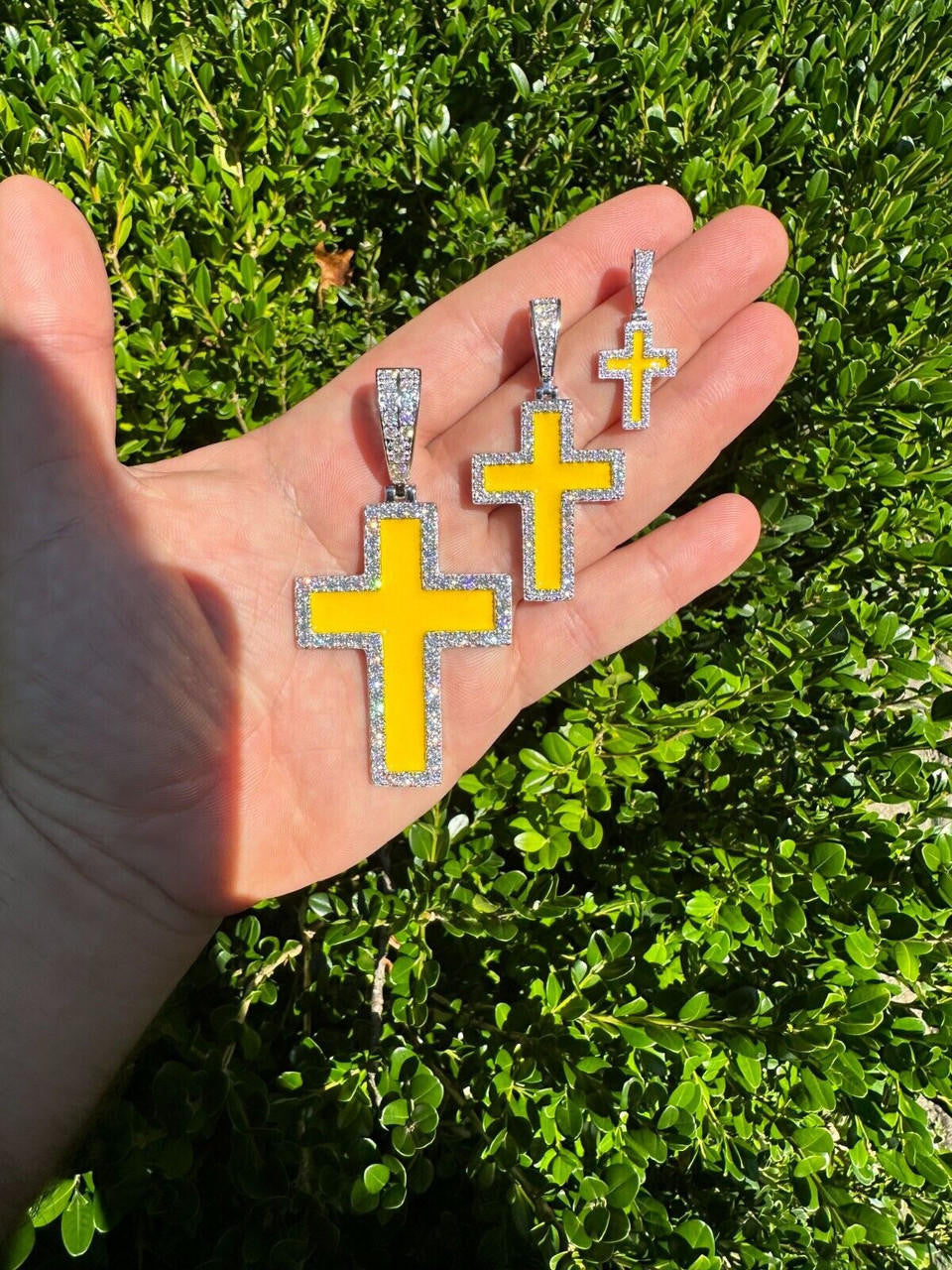 MOISSANITE Cross Yellow Enamel Pendant - 925 Silver - 3 Sizes - 1.25"-2.75"