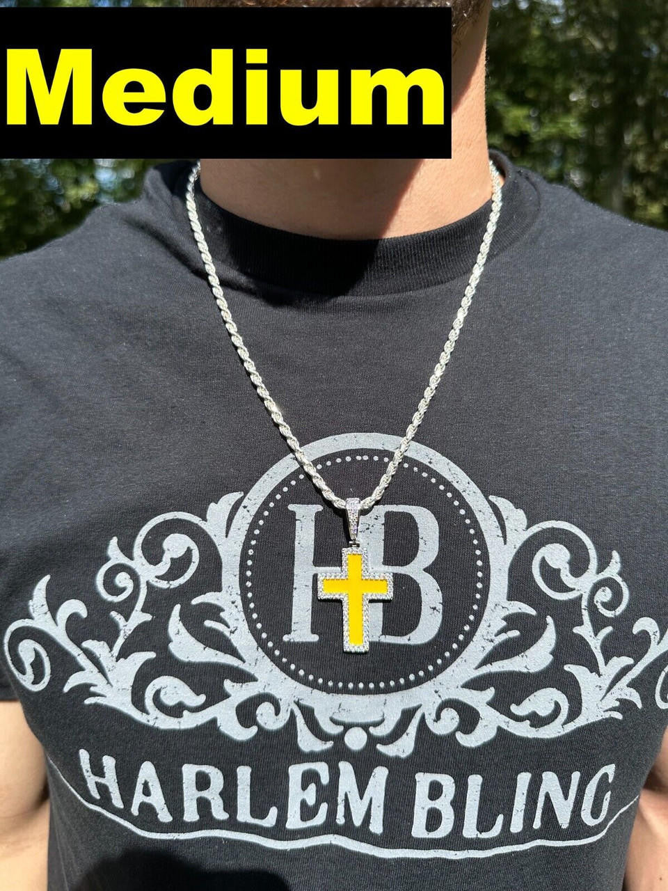 MOISSANITE Cross Yellow Enamel Pendant - 925 Silver - 3 Sizes - 1.25"-2.75"