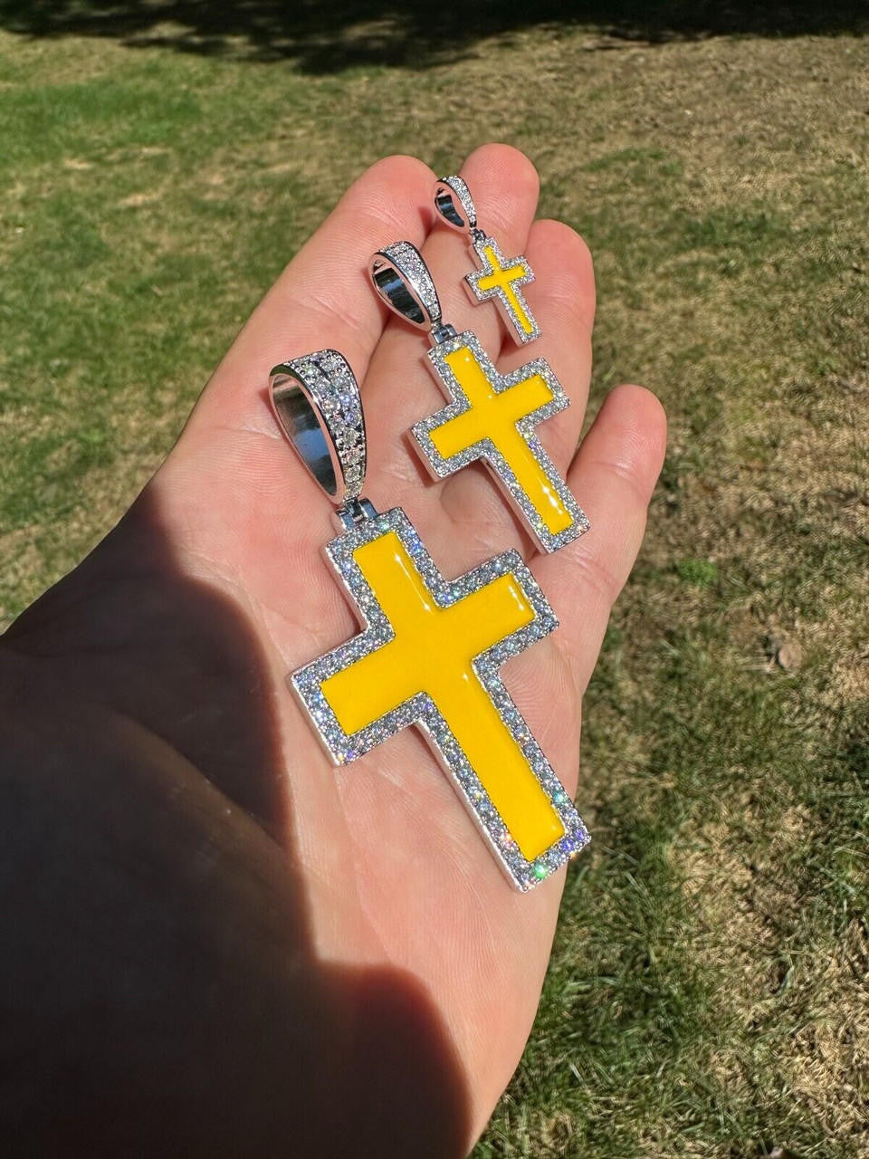 MOISSANITE Cross Yellow Enamel Pendant - 925 Silver - 3 Sizes - 1.25"-2.75"