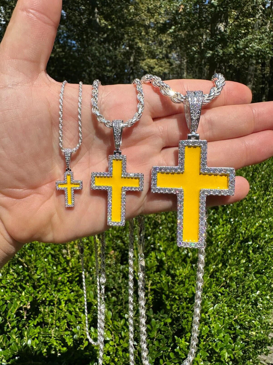 MOISSANITE Cross Yellow Enamel Pendant - 925 Silver - 3 Sizes - 1.25"-2.75"