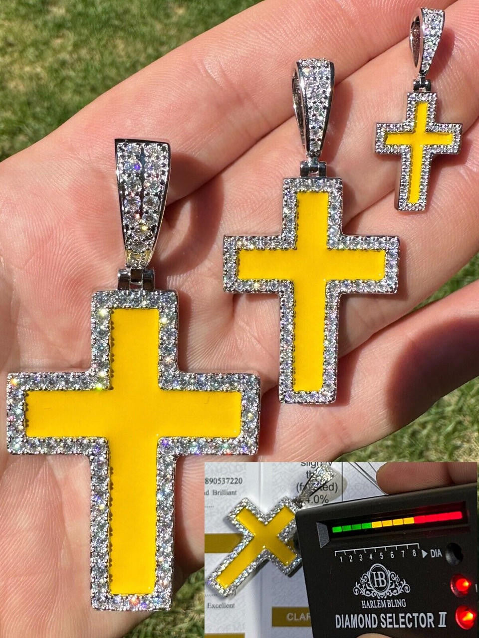 MOISSANITE Cross Yellow Enamel Pendant - 925 Silver - 3 Sizes - 1.25"-2.75"