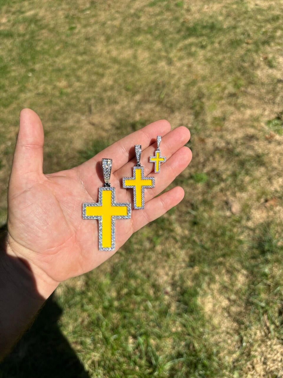MOISSANITE Cross Yellow Enamel Pendant - 925 Silver - 3 Sizes - 1.25"-2.75"