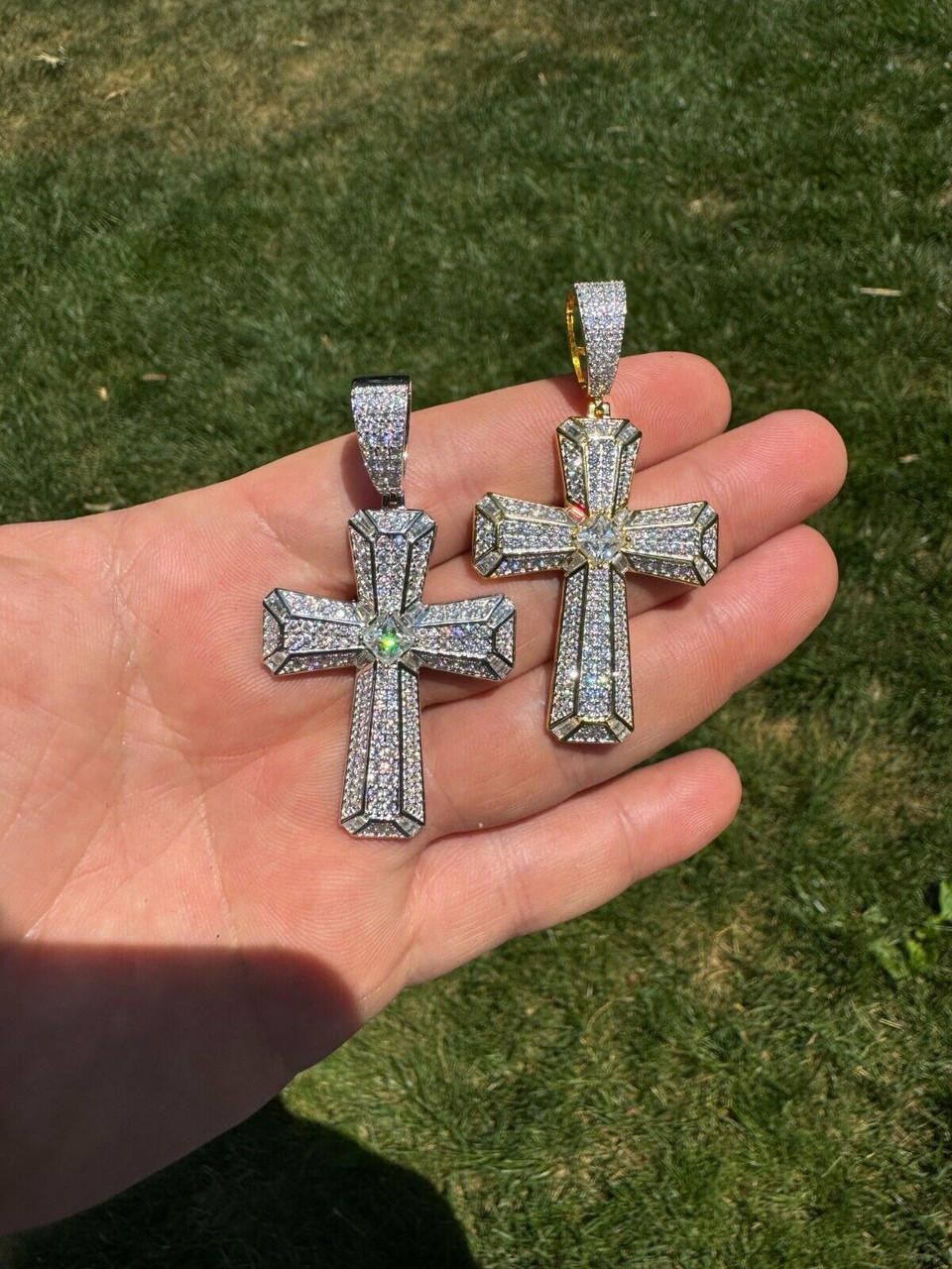 MOISSANITE Iced Out Spiritual Cross  Pendant - 14k Gold Vermeil or 925 Silver - Large 2.5"