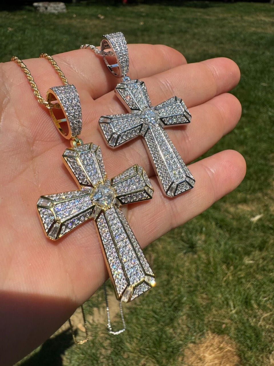 MOISSANITE Iced Out Spiritual Cross  Pendant - 14k Gold Vermeil or 925 Silver - Large 2.5"
