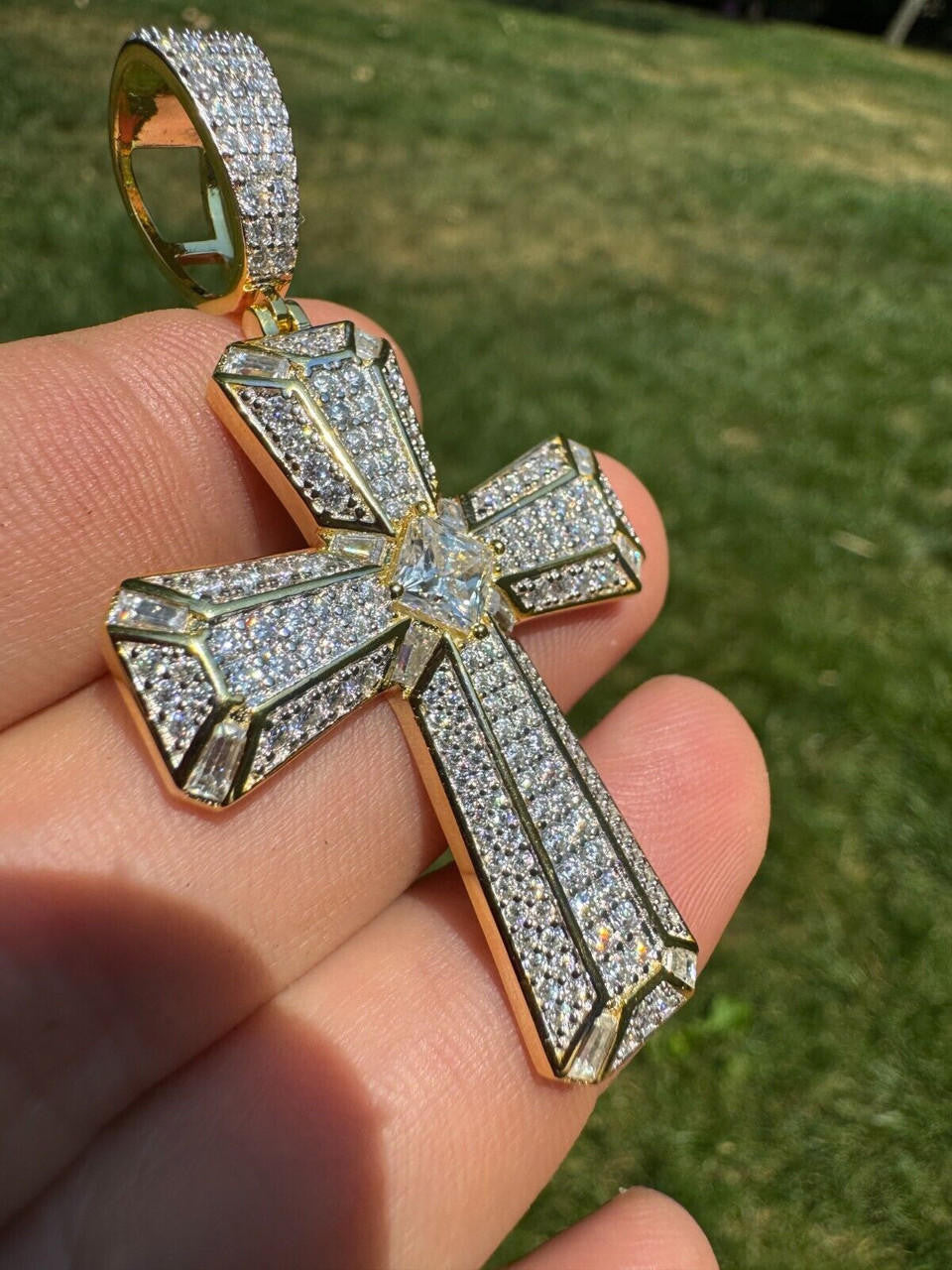 MOISSANITE Iced Out Spiritual Cross  Pendant - 14k Gold Vermeil or 925 Silver - Large 2.5"