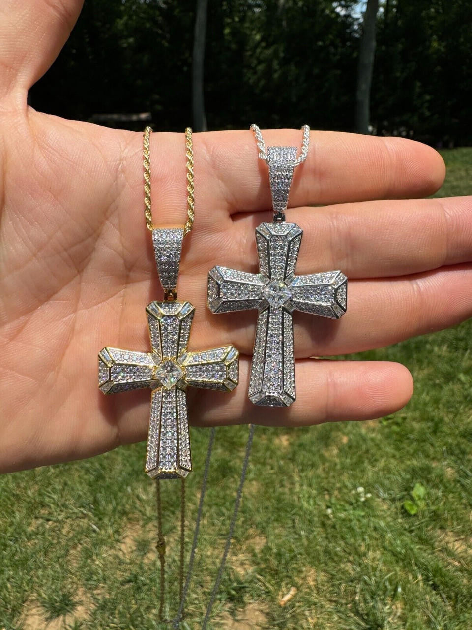 MOISSANITE Iced Out Spiritual Cross  Pendant - 14k Gold Vermeil or 925 Silver - Large 2.5"