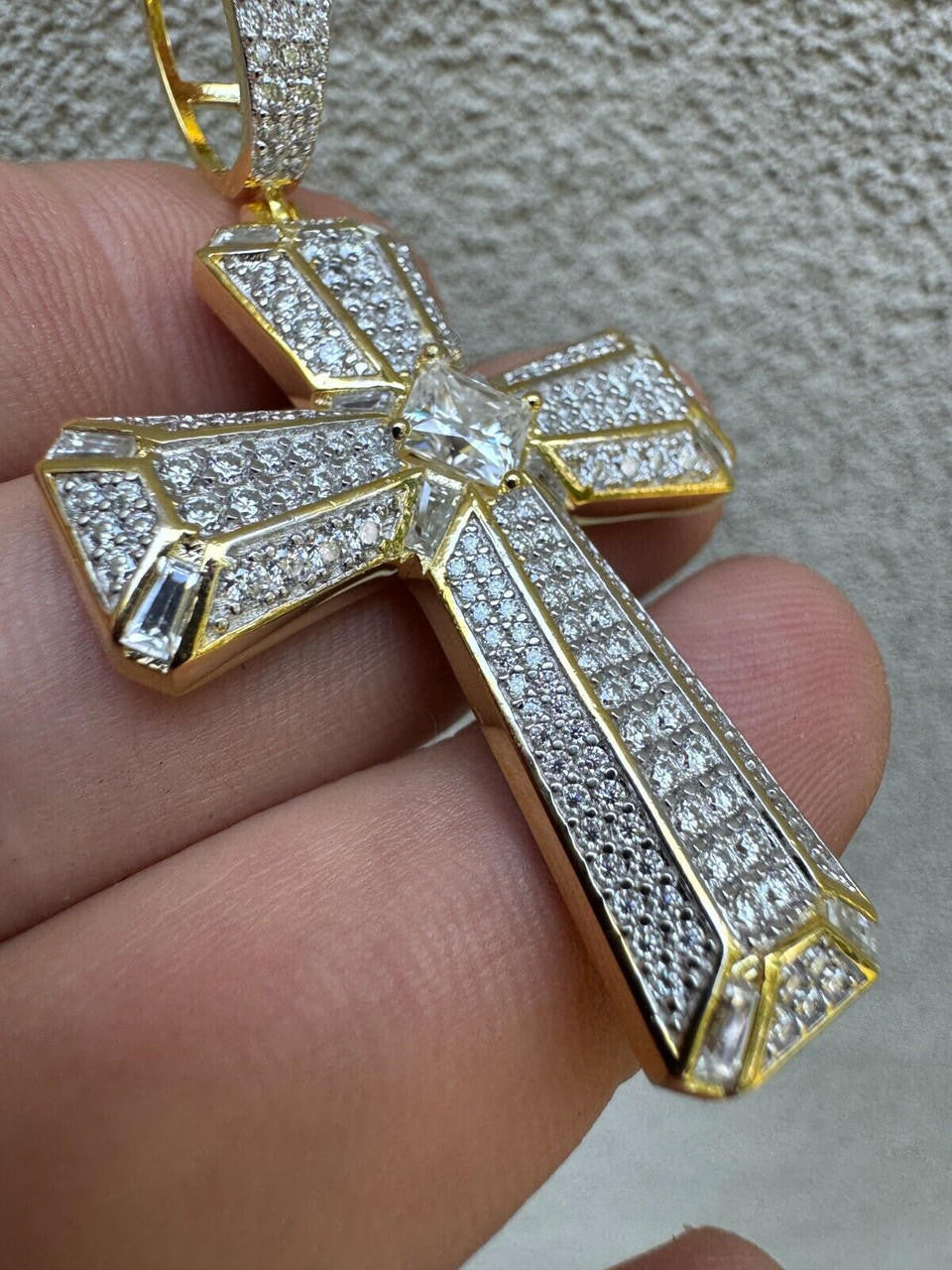 MOISSANITE Iced Out Spiritual Cross  Pendant - 14k Gold Vermeil or 925 Silver - Large 2.5"