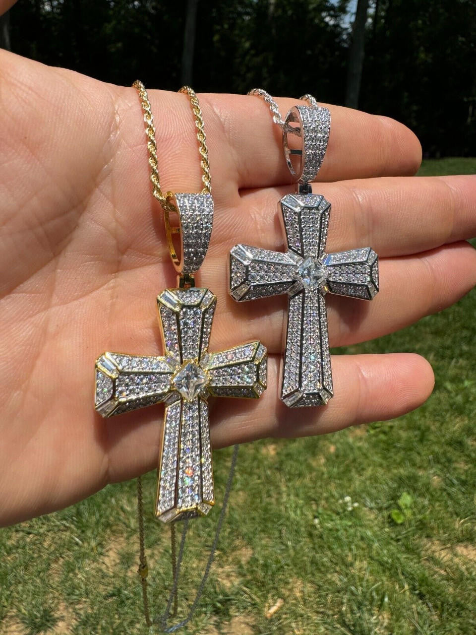 MOISSANITE Iced Out Spiritual Cross  Pendant - 14k Gold Vermeil or 925 Silver - Large 2.5"