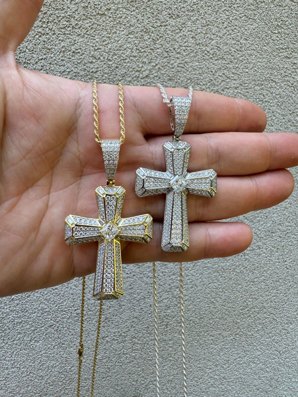 MOISSANITE Iced Out Spiritual Cross  Pendant - 14k Gold Vermeil or 925 Silver - Large 2.5"