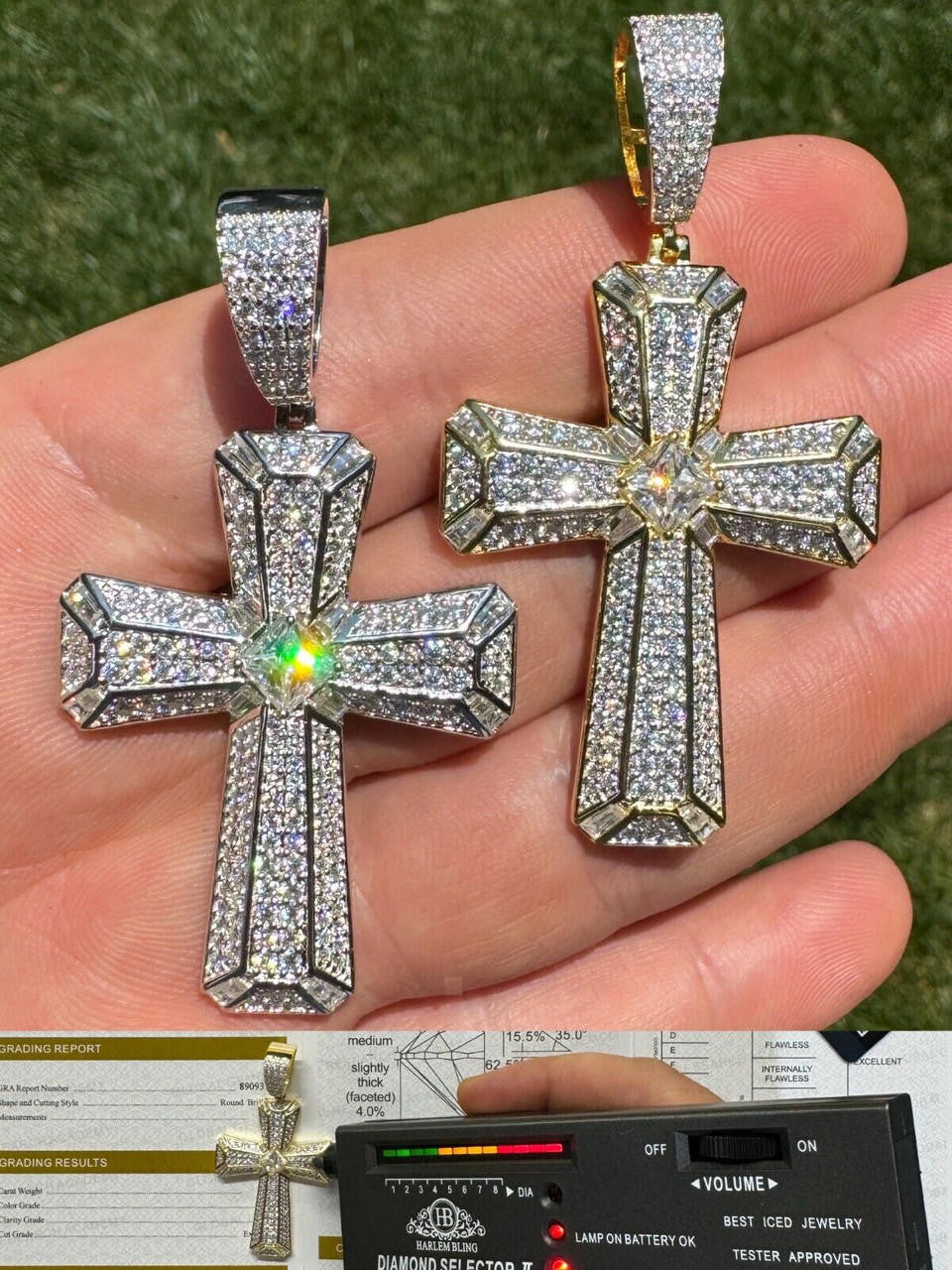 MOISSANITE Iced Out Spiritual Cross  Pendant - 14k Gold Vermeil or 925 Silver - Large 2.5"